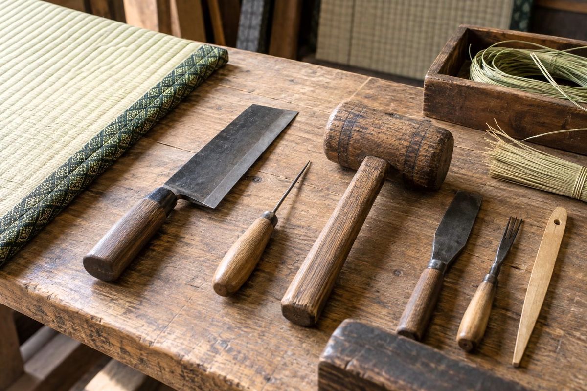 木の作業台に並べた畳包丁・畳針などの道具（イメージ）