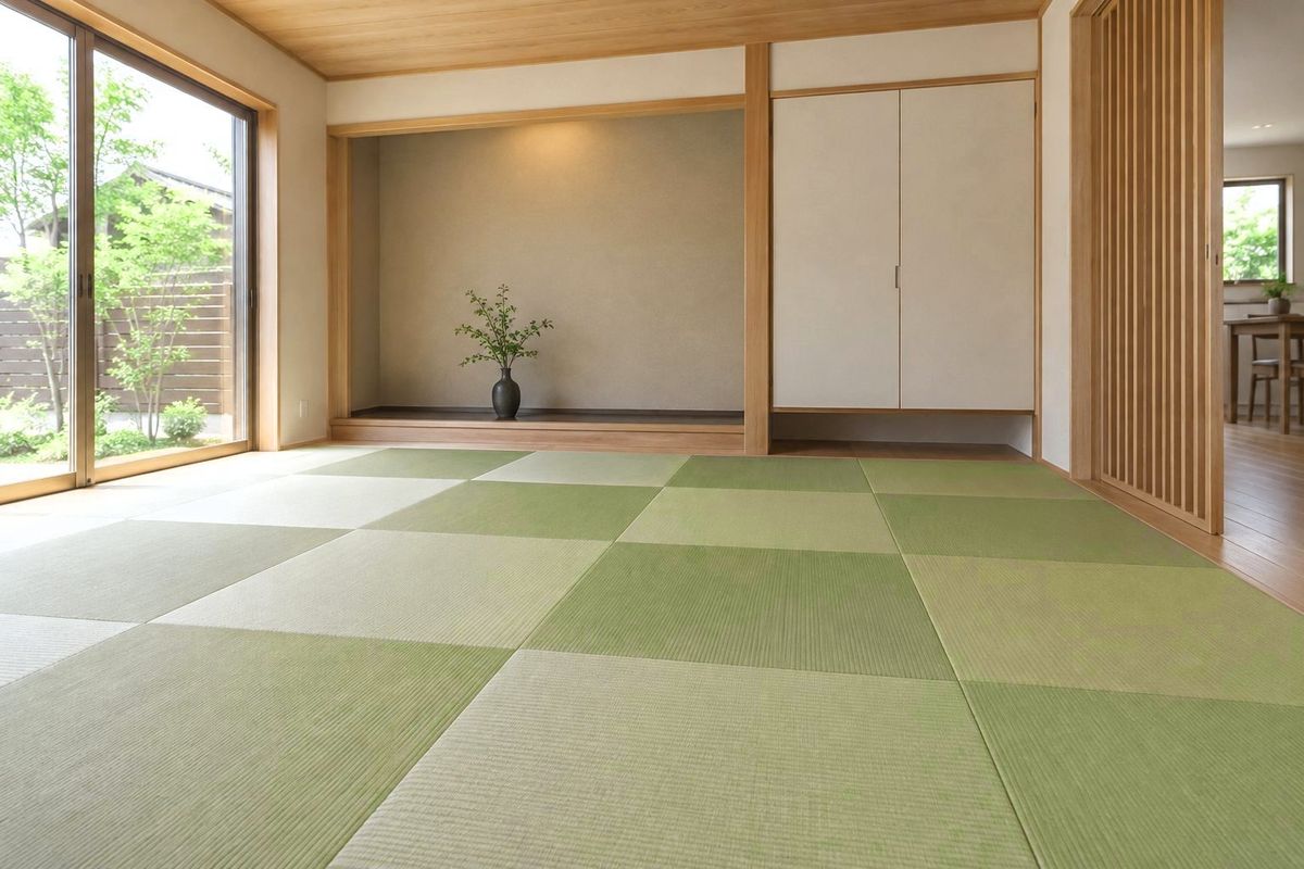 市松模様に敷いたふちなし畳の明るい和室（イメージ）
